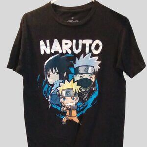 Naruto Shippuden Adult T-Shirt -Chibi Trio Under Name Over Blue Windy Medium